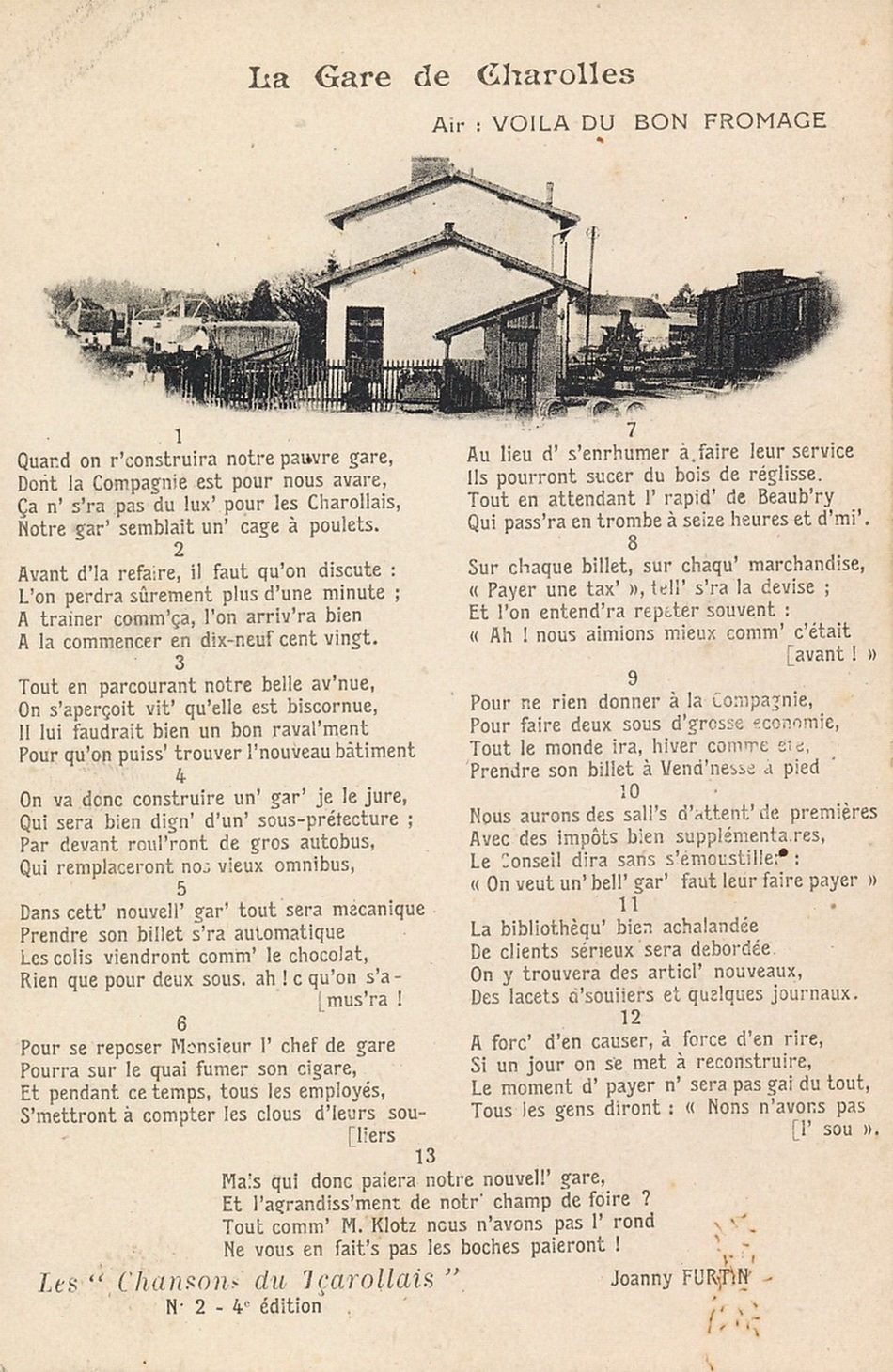 Les chansons du tçarollais, n° 2, 4e édition : La Gare de Charolles, paroles de Joanny Furtin.