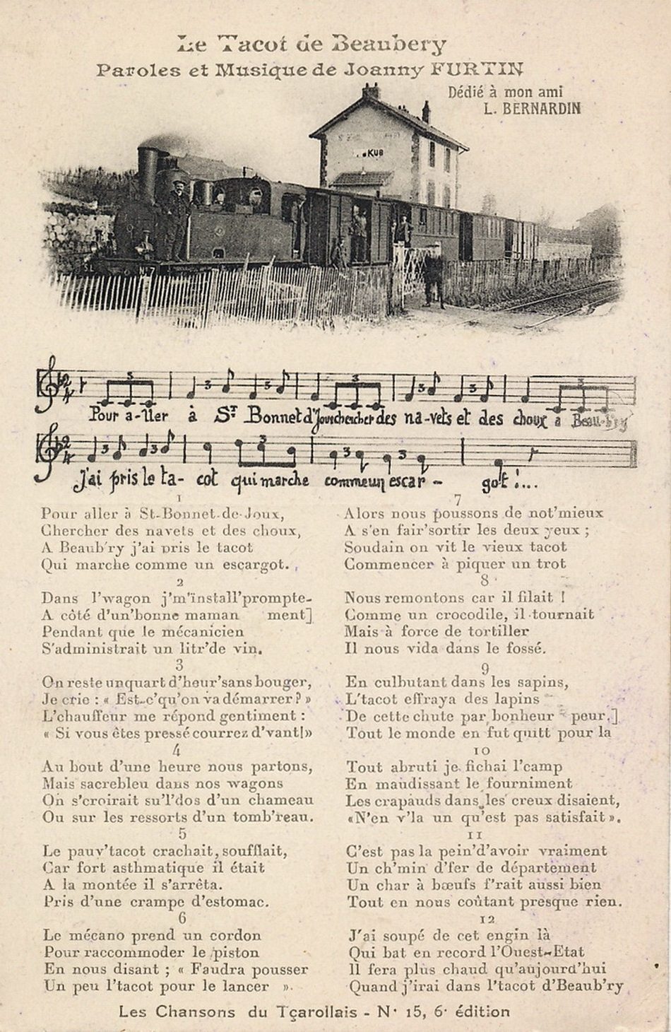 Les chansons du tçarollais, n° 15, 6e édition : Le Tacot de Beaubery, paroles et musique de Joanny Furtin.