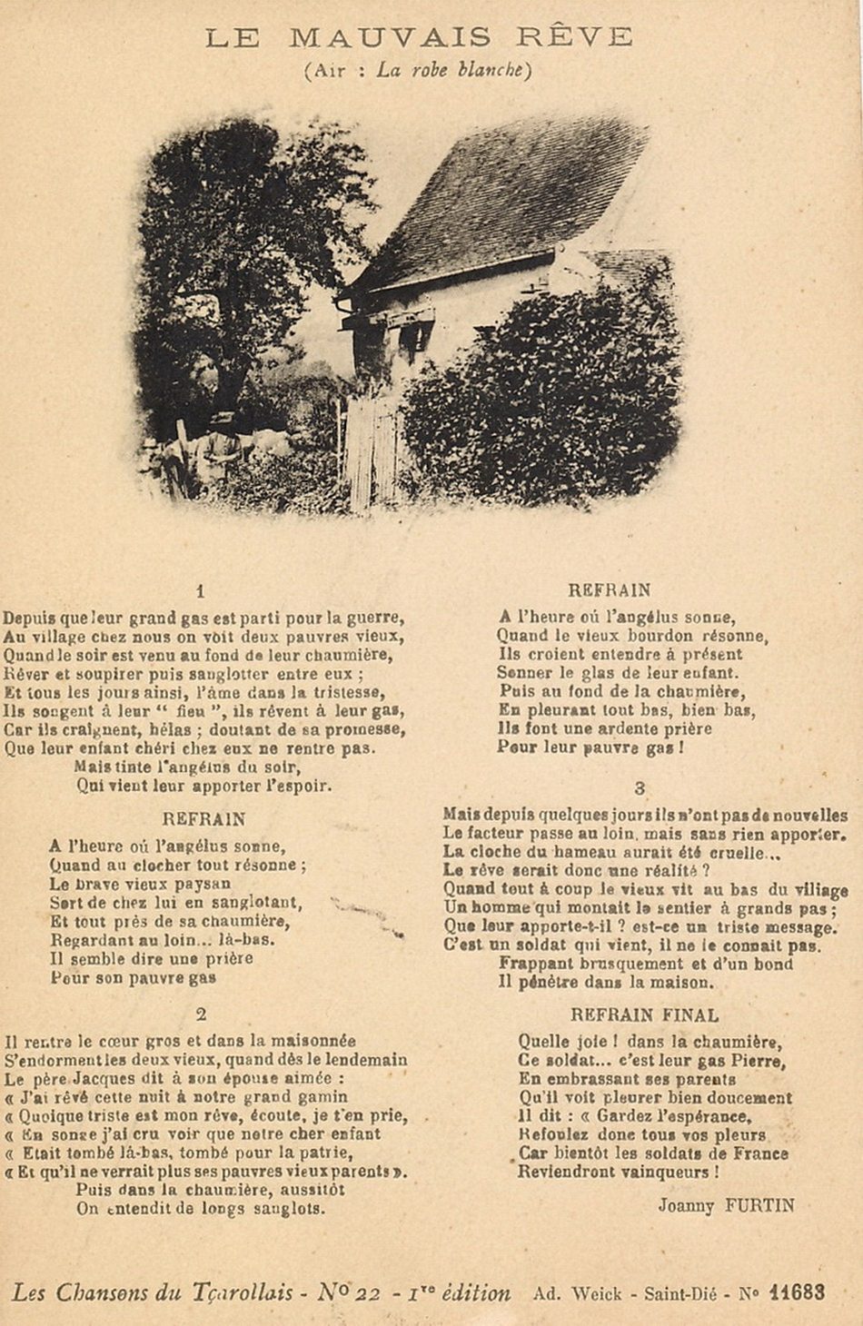 Les chansons du tçarollais, n° 22, 1ère édition : Le mauvais rêve, paroles de Joanny Furtin.