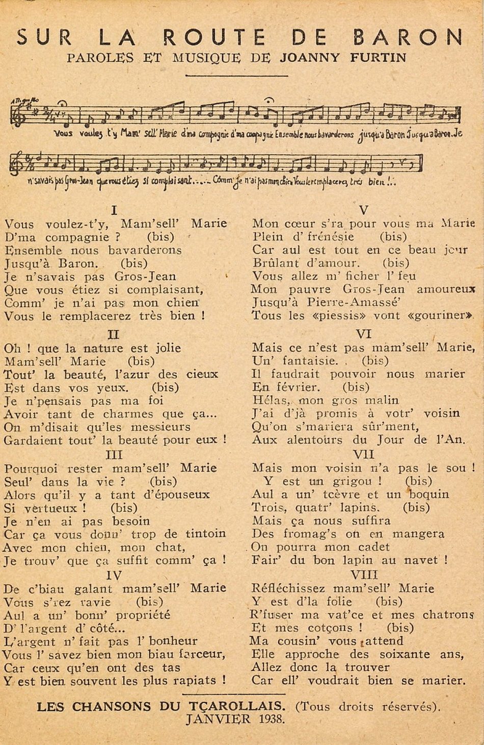 Les chansons du tçarollais, Sur la route de baron, paroles et musique de Joanny Furtin.