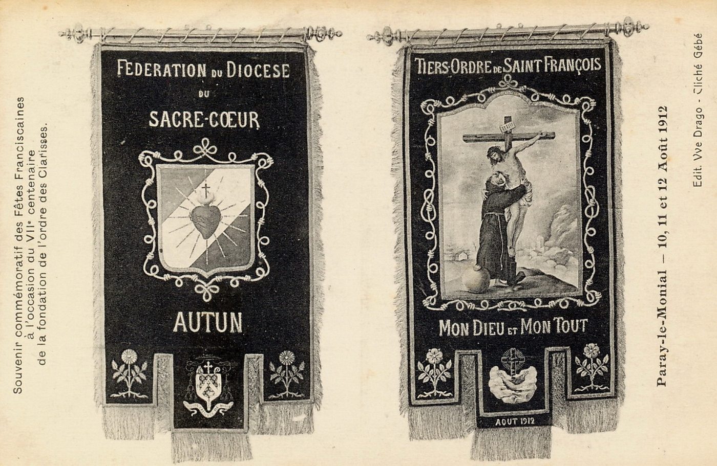 Paray-le-Monial. 10, 11,1 2 août 1912. Souvenir commémoratif des fêtes franciscaines à l'occasion du VIIe centenaire de la fondation de l'ordre des Clarisses.