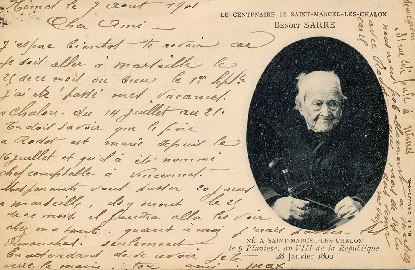 Le centenaire de Saint-Marcel-lès-Chalon : Benoit Sarre, né à Saint-Marcel le 9 pluviôse an VIII de la République (le 28 janvier 1800).