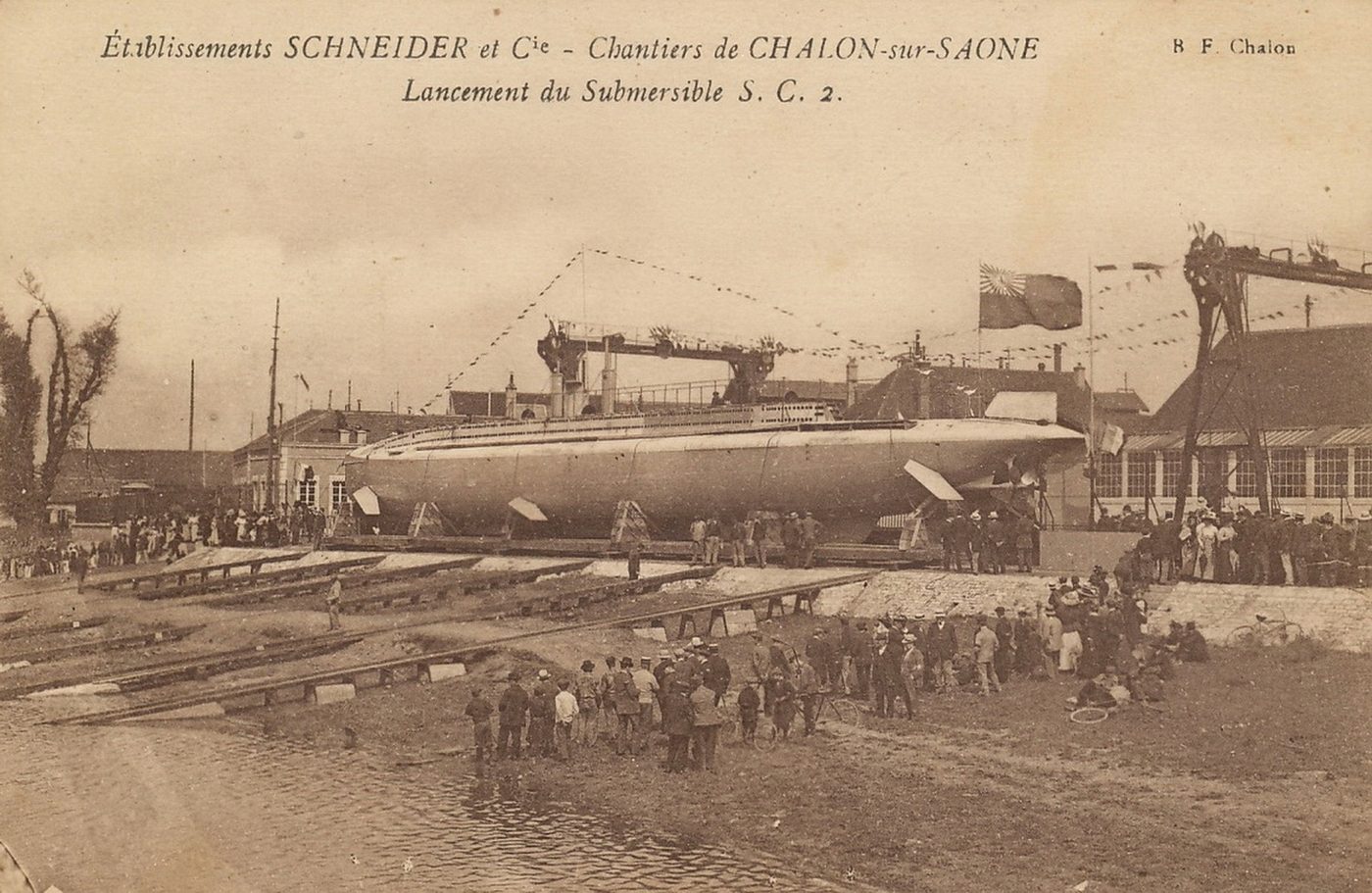 Etablissements Schneider. Chantiers de Chalon-sur-Saône. Lancement du submersible SC2.