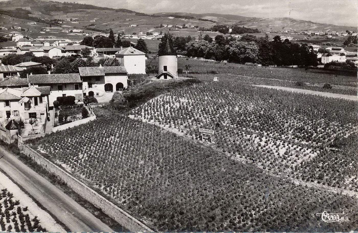 Romanèche-Thorins. Moulin à vent, vue aérienne.