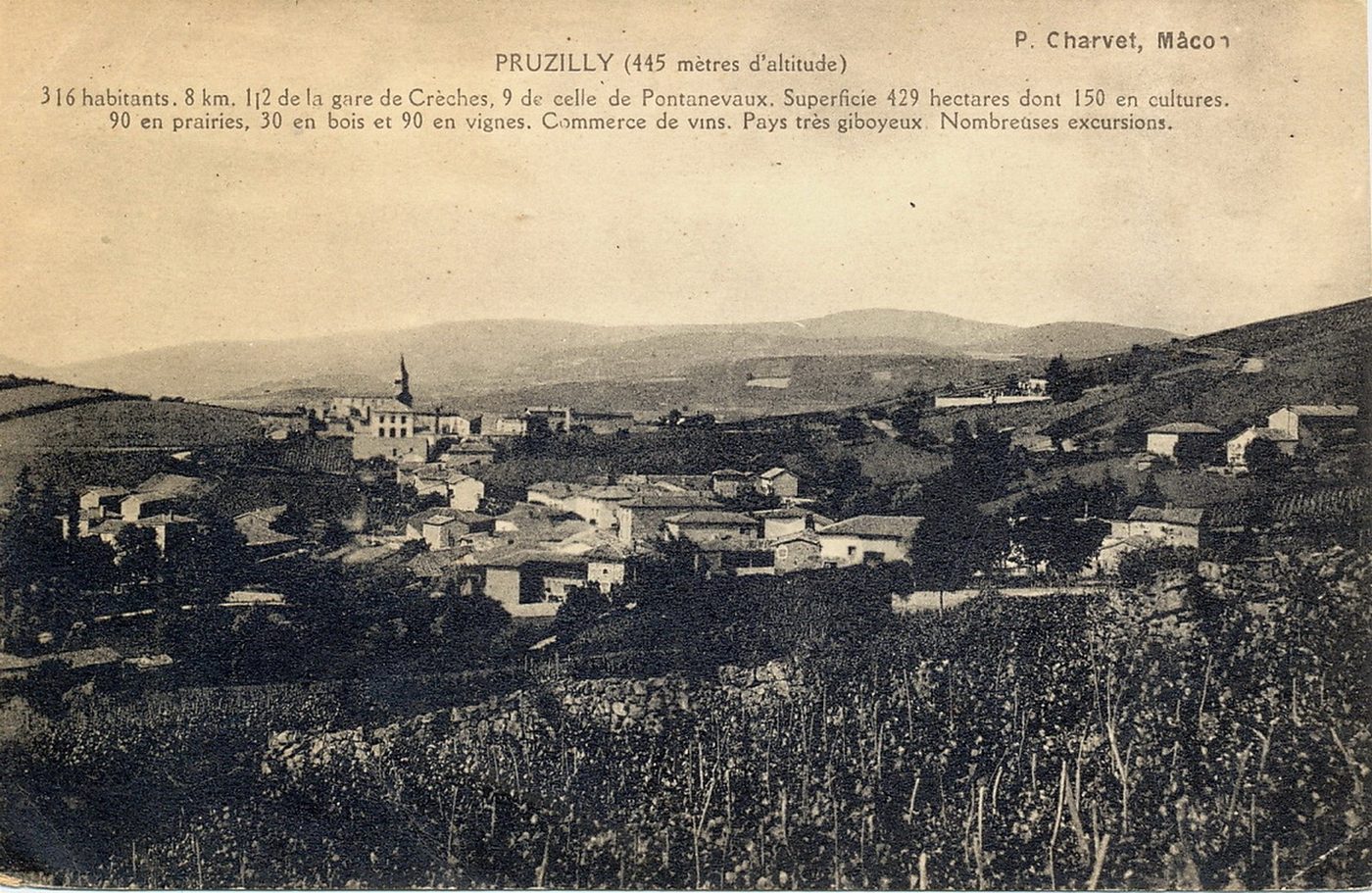Pruzilly (445 m d'altitude). 316 habitants. 8,5 km de la gare de Crêches, 9 de celle de Pontanevaux. Superficie 429 hectares dont 150 en culture, 90 en prairies, 30 en bois et 90 vignes. Commerce de vins. Pays très giboyeux. Nombreuses excursions.