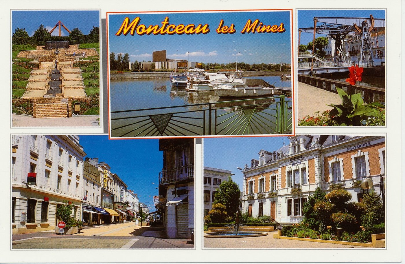 Montceau-les-Mines. La pyramide, le port de plaisance, le pont levant, centre ville, l'hôtel de ville.