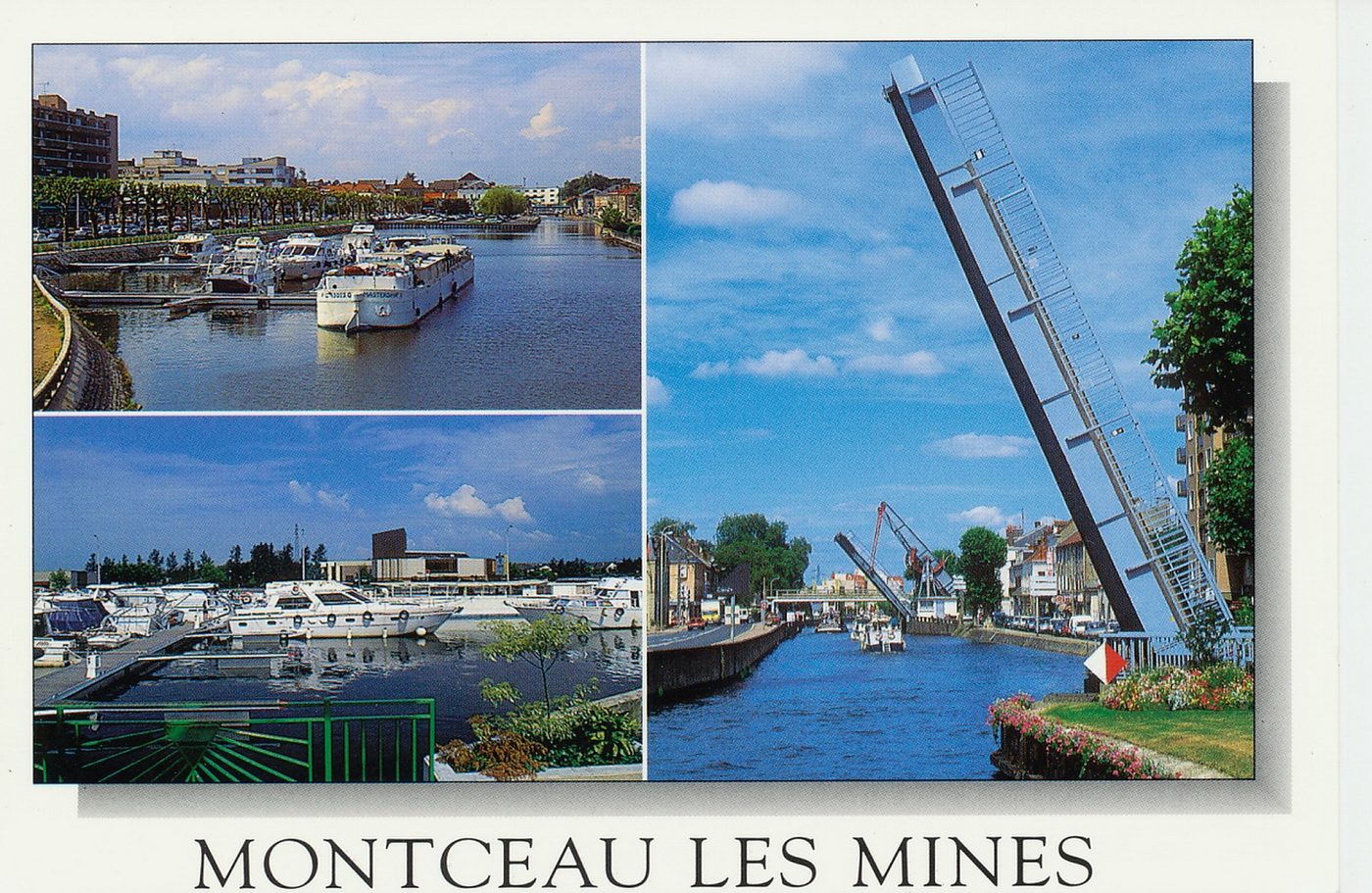 Montceau-les-Mines. Le canal du centre à Montceau. Enjambé par les deux ponts levants, le plus récent au premier plan date de 1879, le plus ancien au second plan date lui de 1948-1949. Le port de plaisance d'une capacité de 25 à 30 places fut installé sur l'ancien port commercial en 1994.
