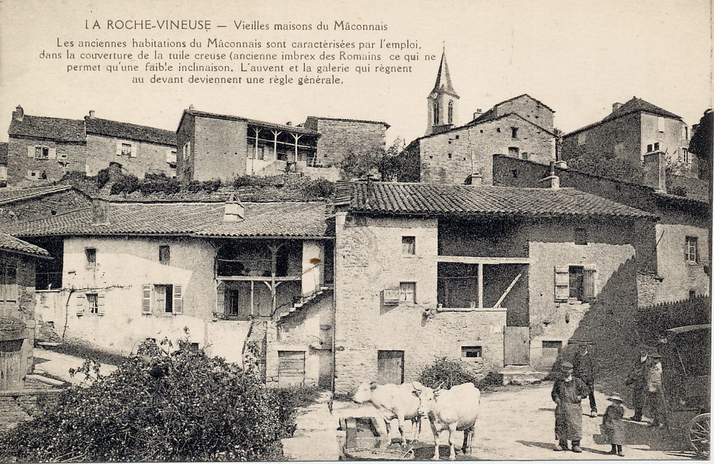 La Roche-Vineuse. Les anciennes habitations du Mâconnais sont caractérisés par l'emploi dans la couverture de la tuile creuse (ancienne imbrex des Romains) ce qui ne permet qu'une faible inclinaison. L'auvent et la galerie qui règnent au devant deviennent une règle générale.