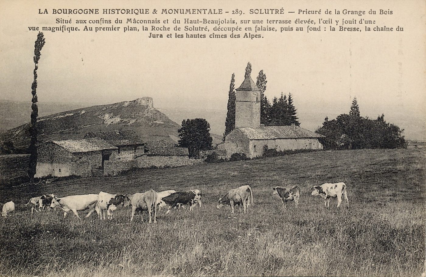 Solutré. Prieuré de la Grange du Bois. Situé aux confins du Mâconnais, et du Haut-Beaujolais, sur une terrasse élevée, l'oeil y jouit d'une vue magnifique. Au premier plan, la roche de Solutré, découpée en falaise, puis au fond, la Bresse, la chaine du Jura et les hautes cimes des Alpes.