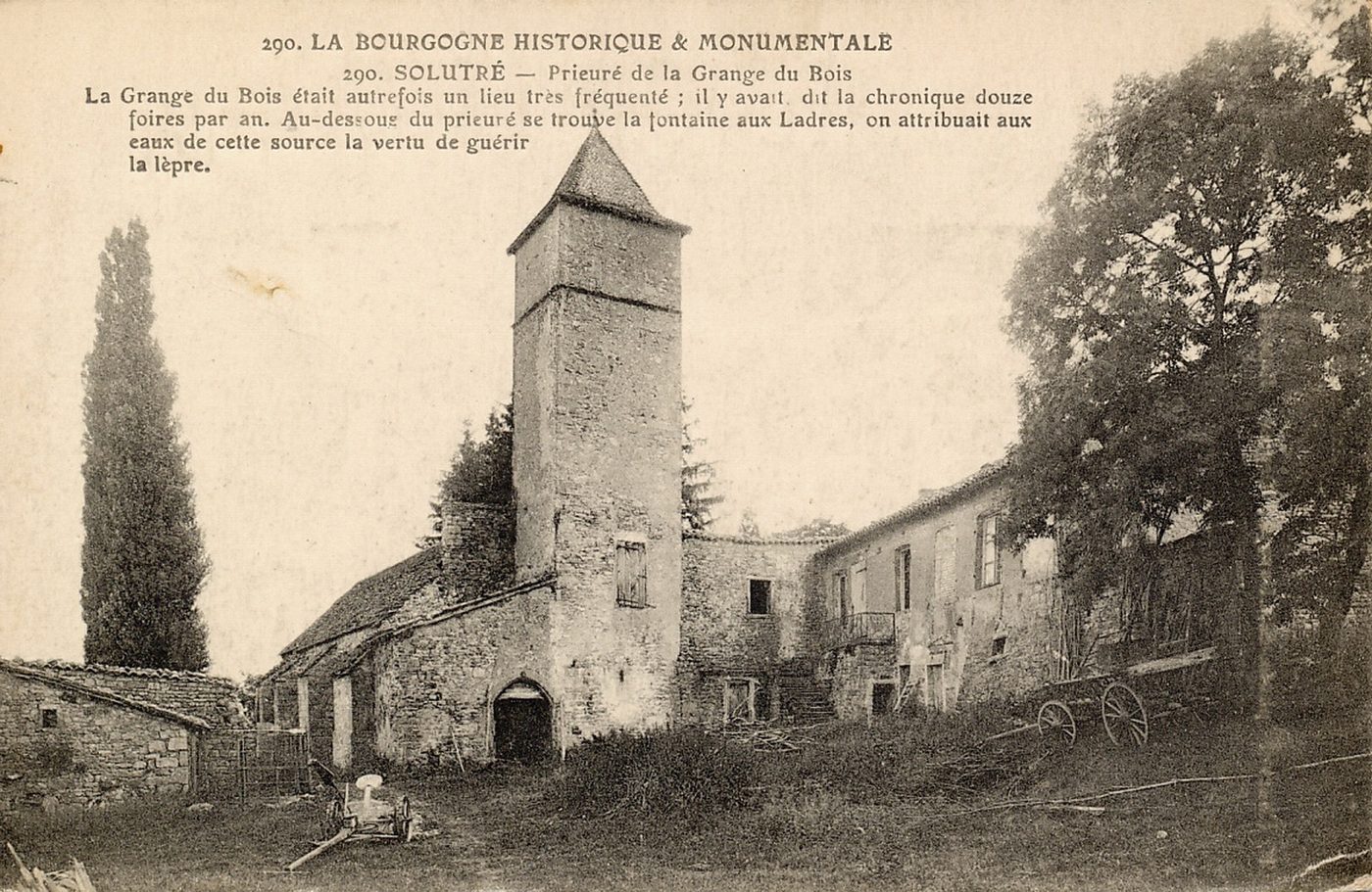 Solutré. Prieuré de la Grange du Bois. La Grange du Bois était autrefois un lieu très fréquenté ; il y avait dit la chronique douze foires par an. Au dessous du prieuré se trouve la fontaine aux Ladres, on attribuait aux eaux de cette source la vertu de guérir la lèpre.