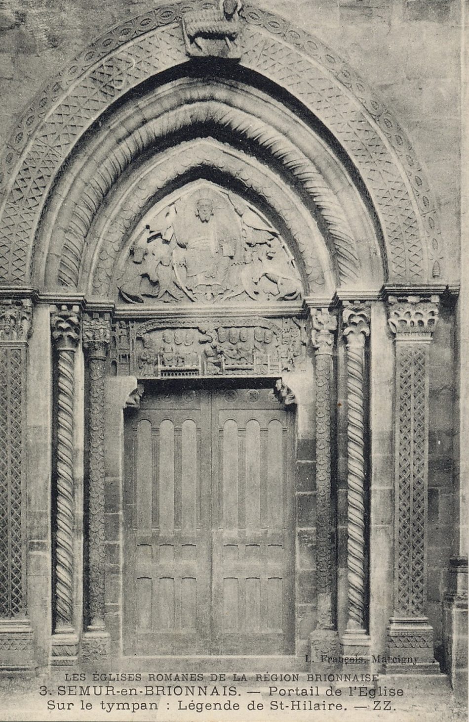 Semur-en-Brionnais. Portail de l'église, sur le tympan : légende de Saint-Hilaire.
