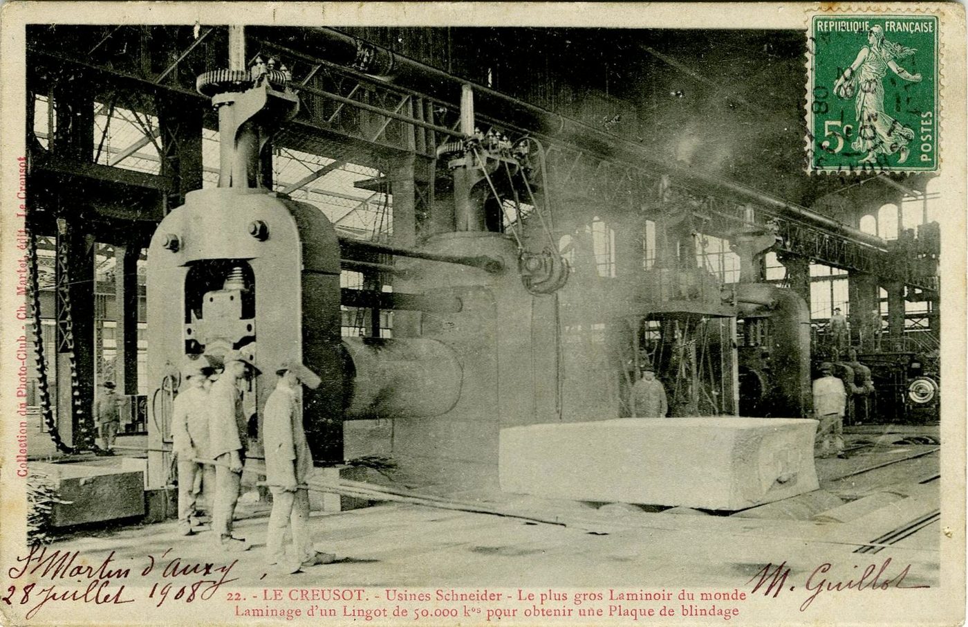 Le Creusot.- Usines Schneider. Le plus gros laminoir du monde. Laminage d'un lingot de 50 000 kg pour obtenir une plaque de blindage.