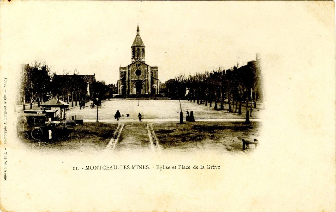 Montceau-les-Mines. Eglise et place de la grève.