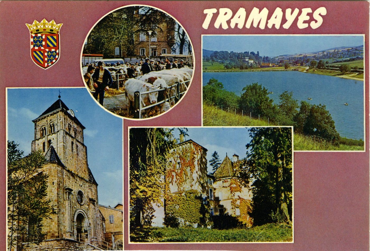 Tramayes.- Le château, construit par Claude et Mathurin de Bullion avec la permission d'Henri IV (1599). Eglise, clocher roman du XIIIe s. Lac de Saint-Point. Lamartine. La foire aux bestiaux, au fond, le château.