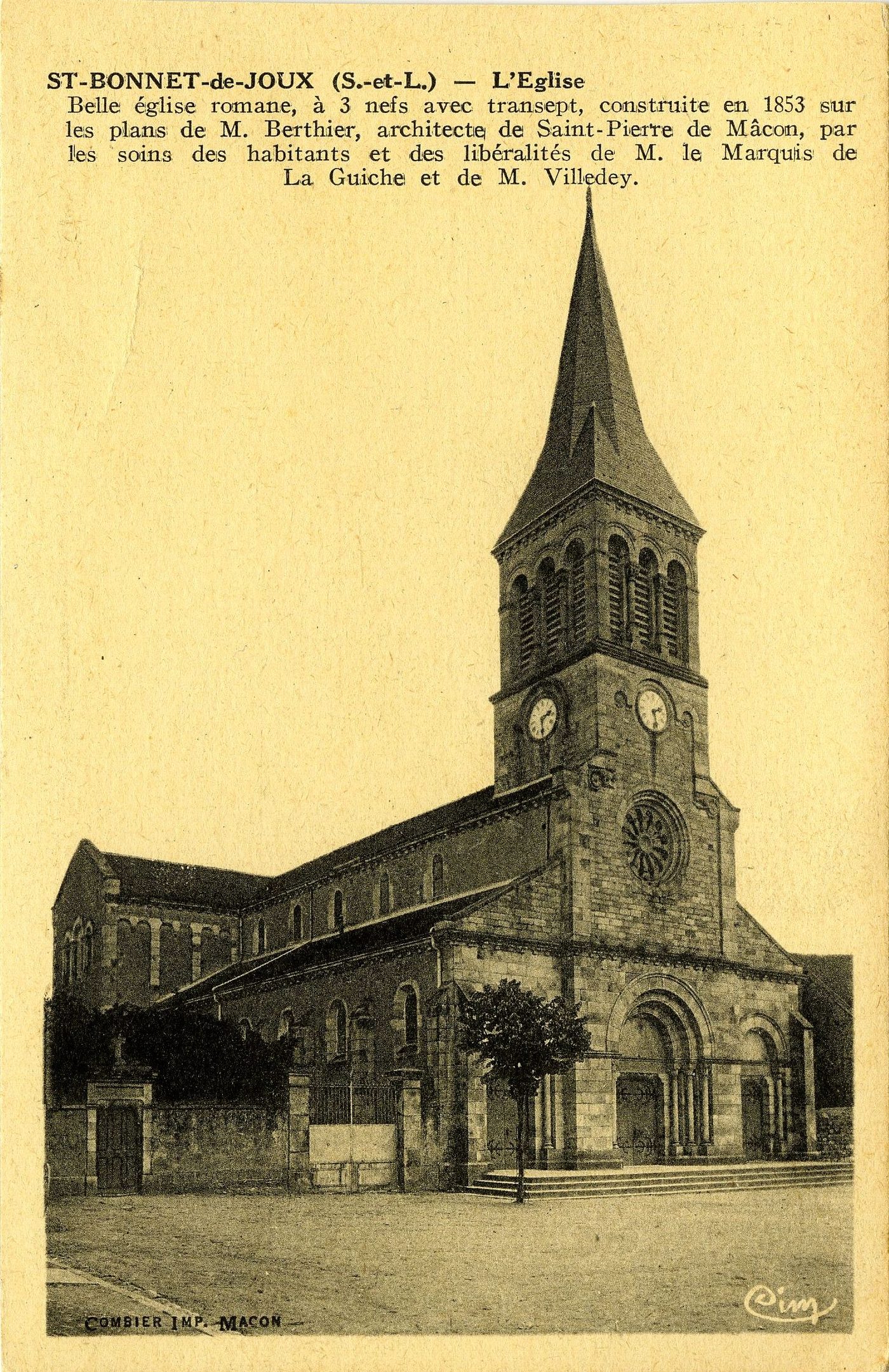 Saint-Bonnet-de-Joux, l'église.- Belle église romane, à 3 nefs avec transept, construite en 1853 sur les plans de M. Berthier, architecte de Saint-Pierre de Mâcon, par les soins des habitants et des libéralités de M. le Marquis de La Guiche et de M. Villedey.