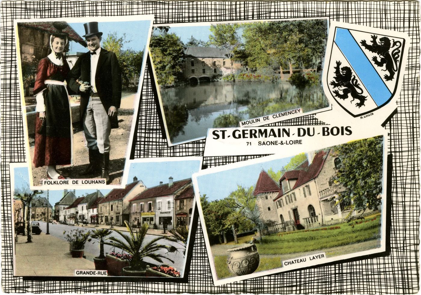 Saint-Germain-du-Bois. Plusieurs vignettes : Château Layer, moulin de Clemencey, folklore de Louhans, grande rue.