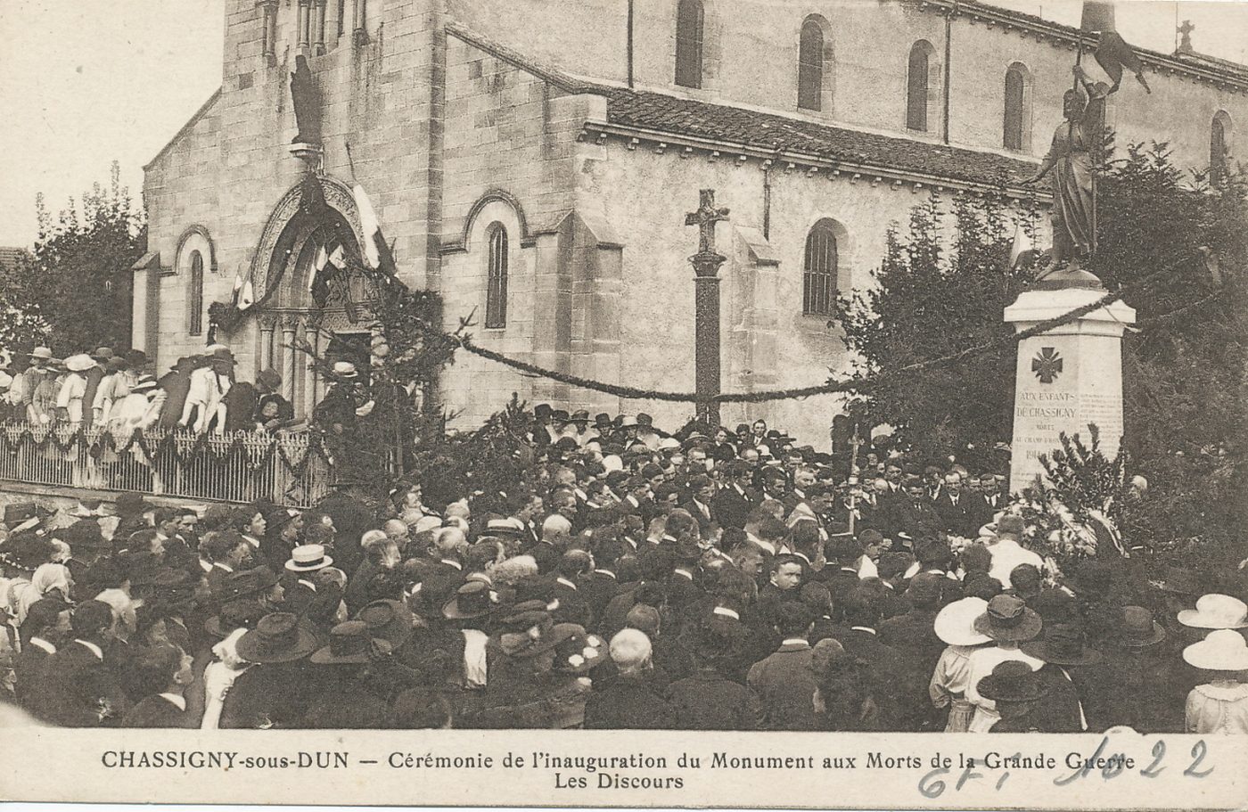 Chassigny-sous-Dun. Cérémonie de l'inauguration du monument aux morts de la grande guerre. Les discours.