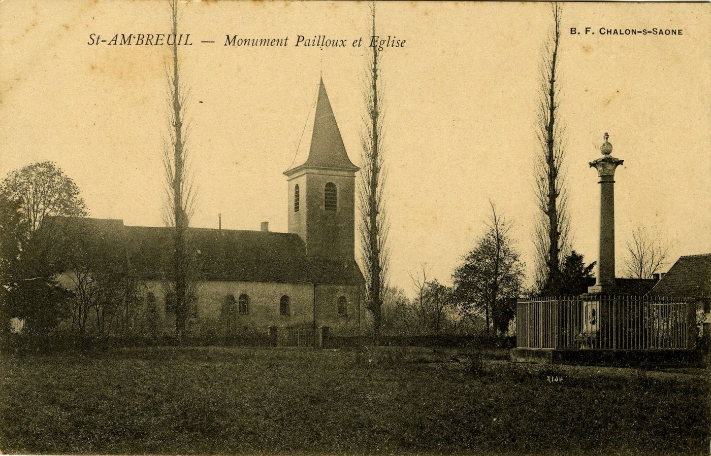 Saint-Ambreuil. Monument Pailloux et église.