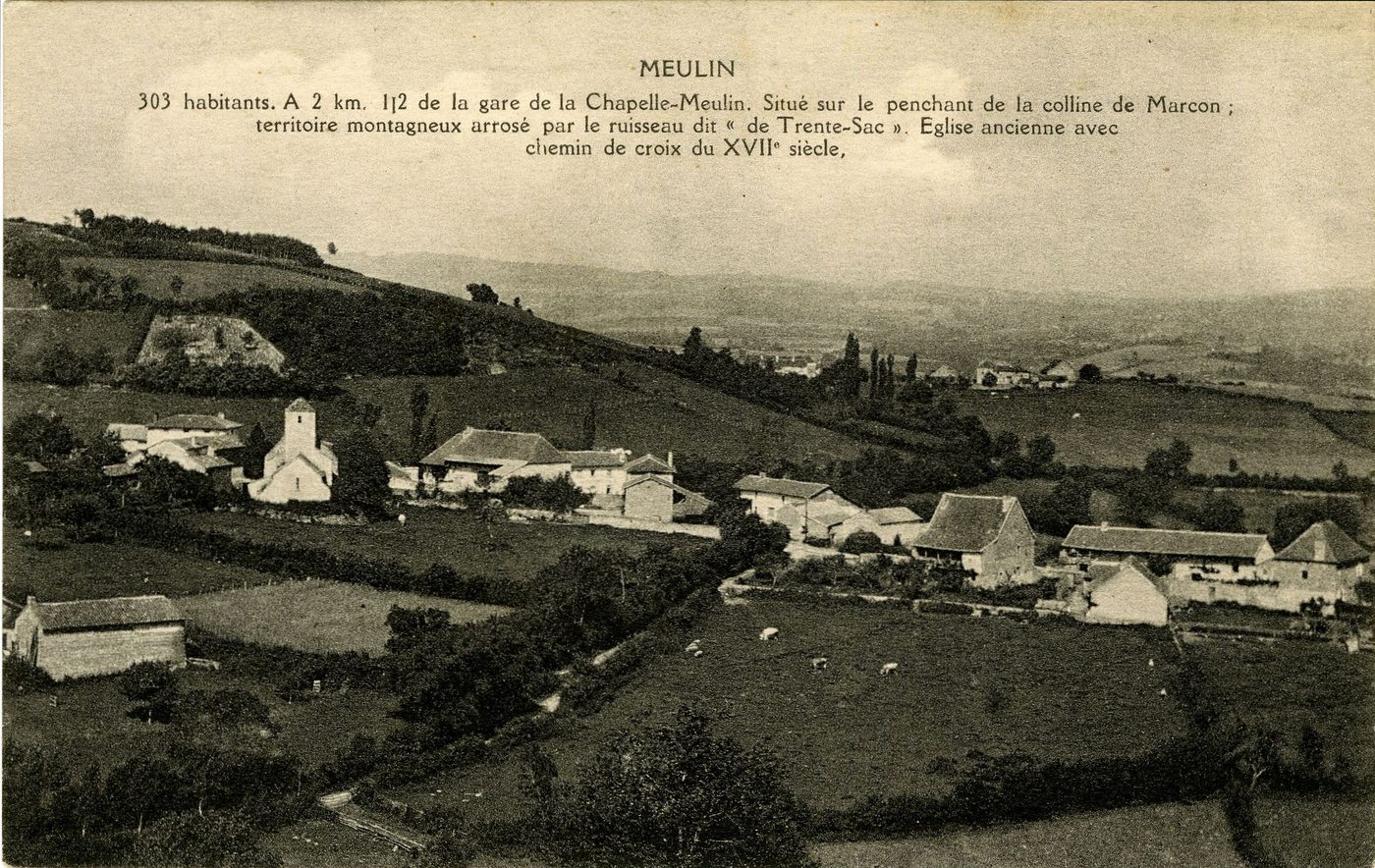 Meulin. 303 habitants. A 2 km 1/2 de la gare de la Chapelle-Meulin. Situé sur le penchant de la colline de Marcon ; territoire montagneux arrosé par le ruisseau dit de Trente sac. Eglise ancienne avec chemin de croix du XVIIe s.