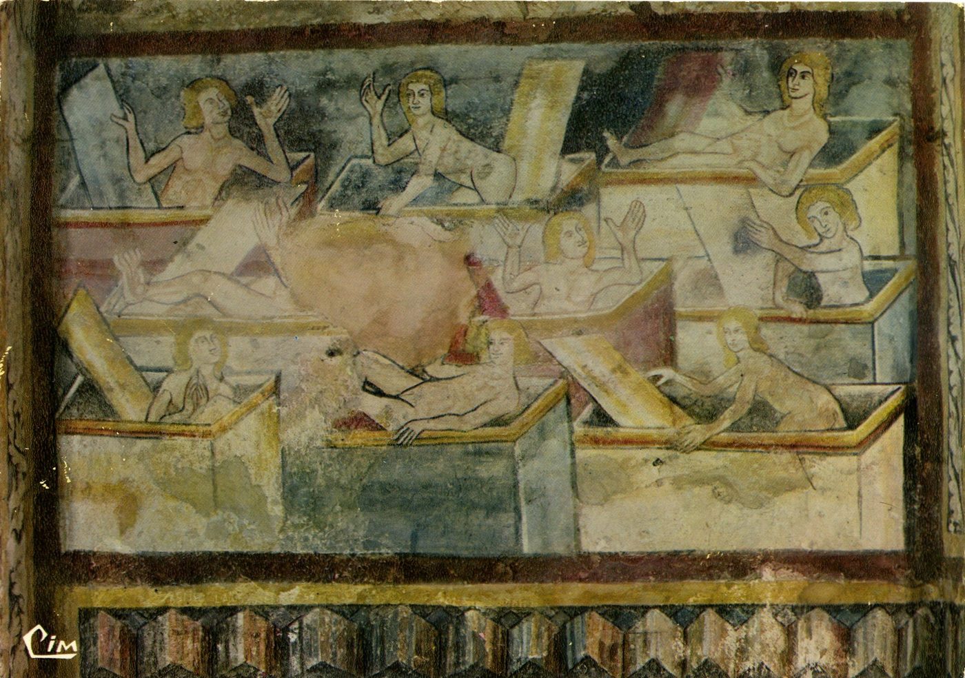 Brancion. Fresque du XIVe s. La Résurrection. Les ressuscités sortent des tombeaux auxquels la naiveté de l'artiste a donné la forme de baignoires à couvercles.