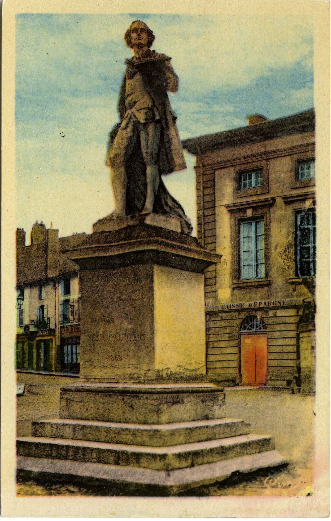 Tournus. Statue de Greuze. D'un beau marbre blanc, elle est l'oeuvre du sculpteur, tournusien B. Rougelet. On lit, sur son piédestal : A J.B Greuze (1725-1805). Ses concitoyens (1868).