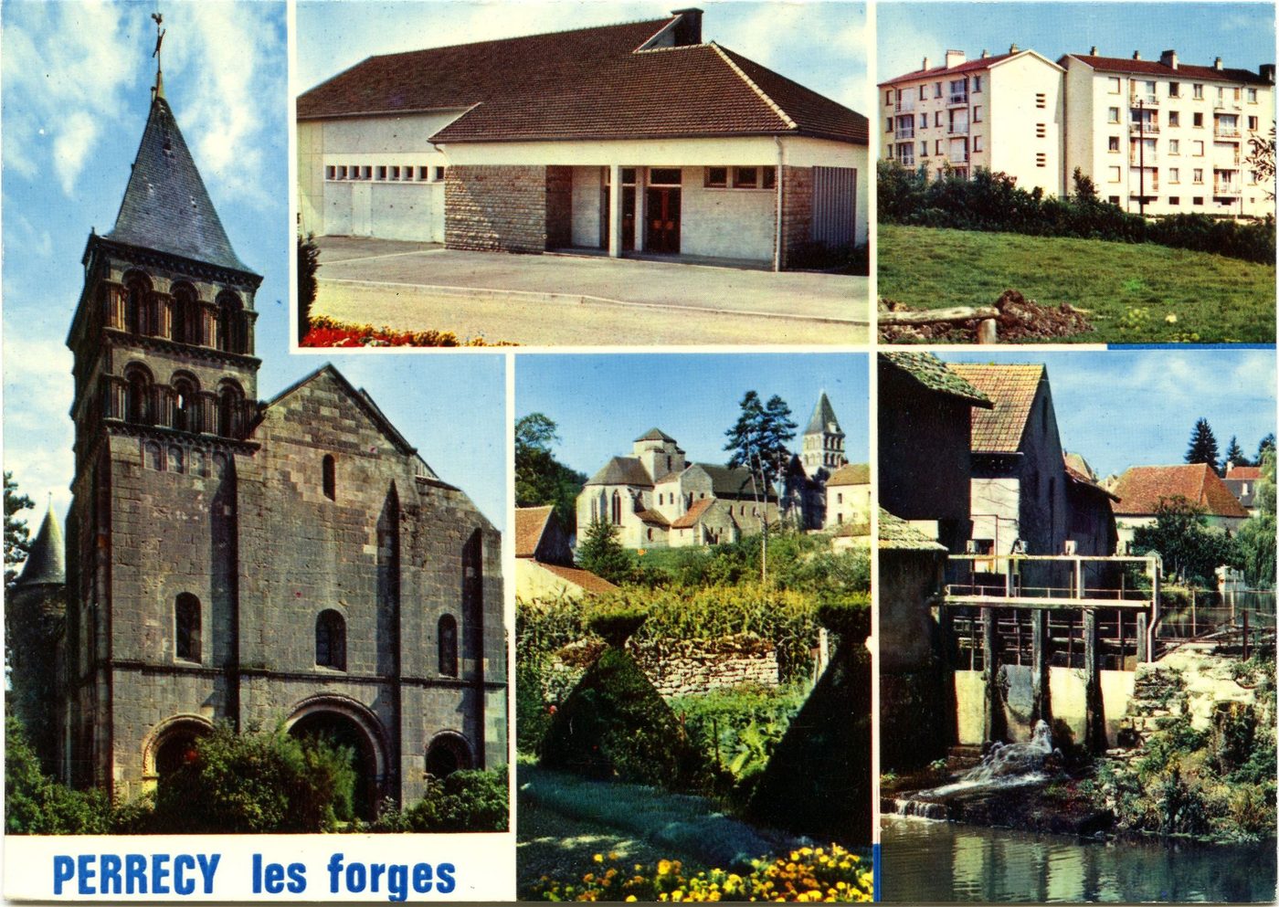 Perrecy-les-Forges. L'église romane, le foyer rural, le Chalency, vue générale sur l'église, l'Oudrache au moulin.