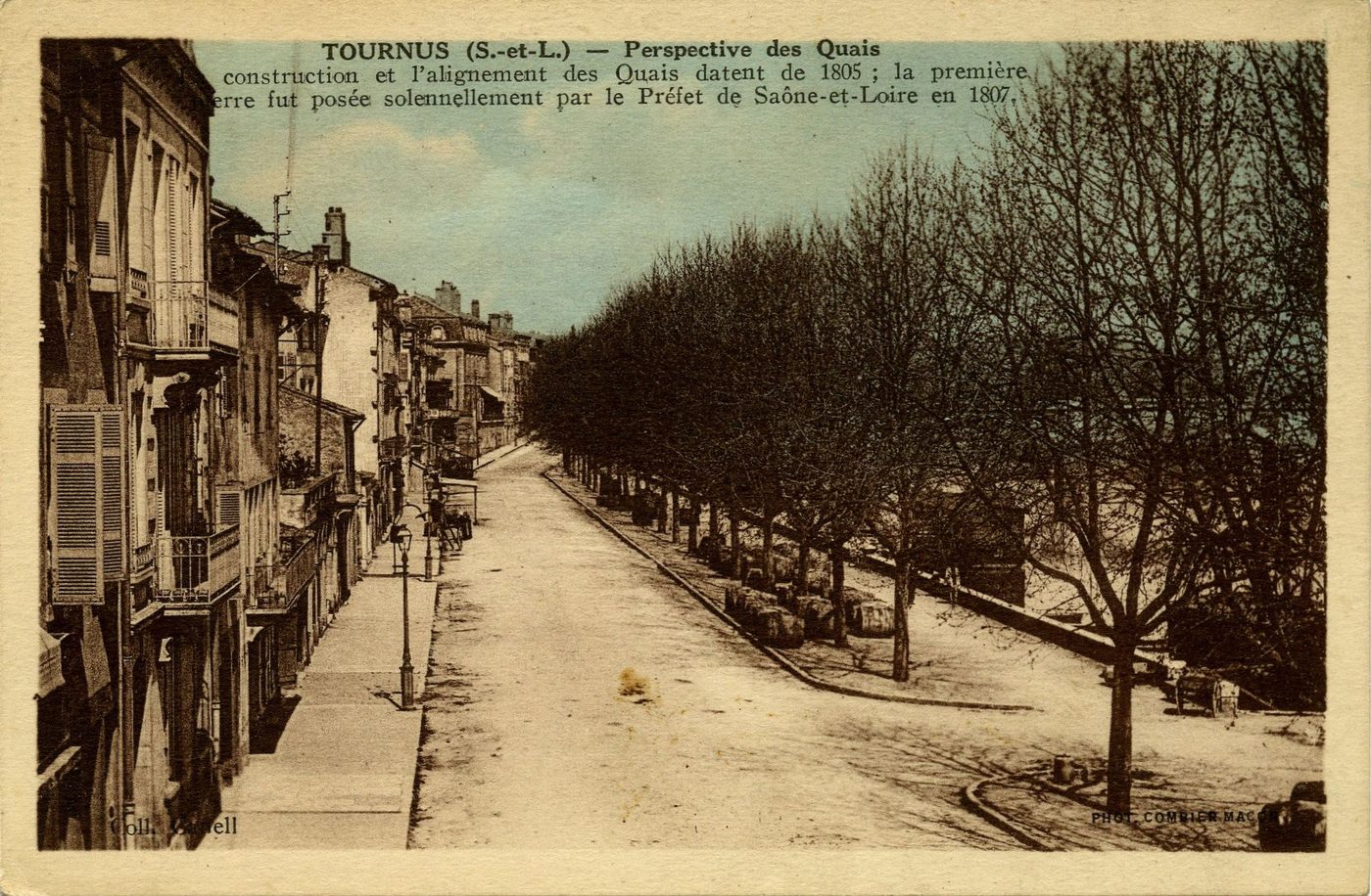 Tournus. Perspective des quais. Construction et l'alignement des quais datant de 1805, la première pierre fut posée solennellement par le préfet de Saône-et-Loire en 1807.